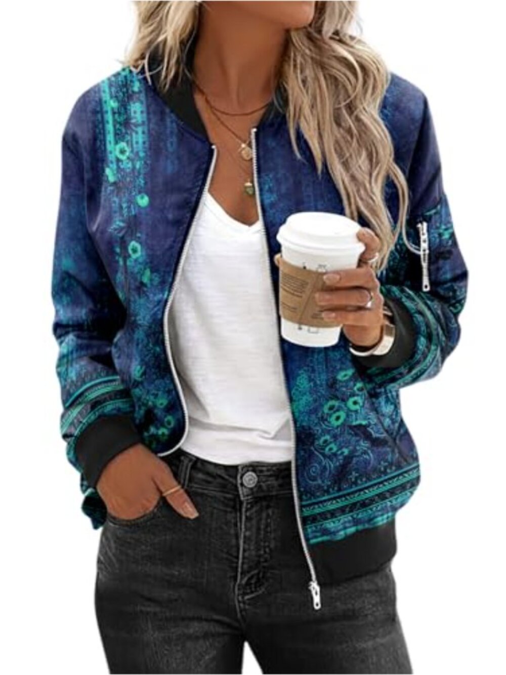 Women's Zip Up Bomber Jacket Long Sleeve Casual Coat with Pockets